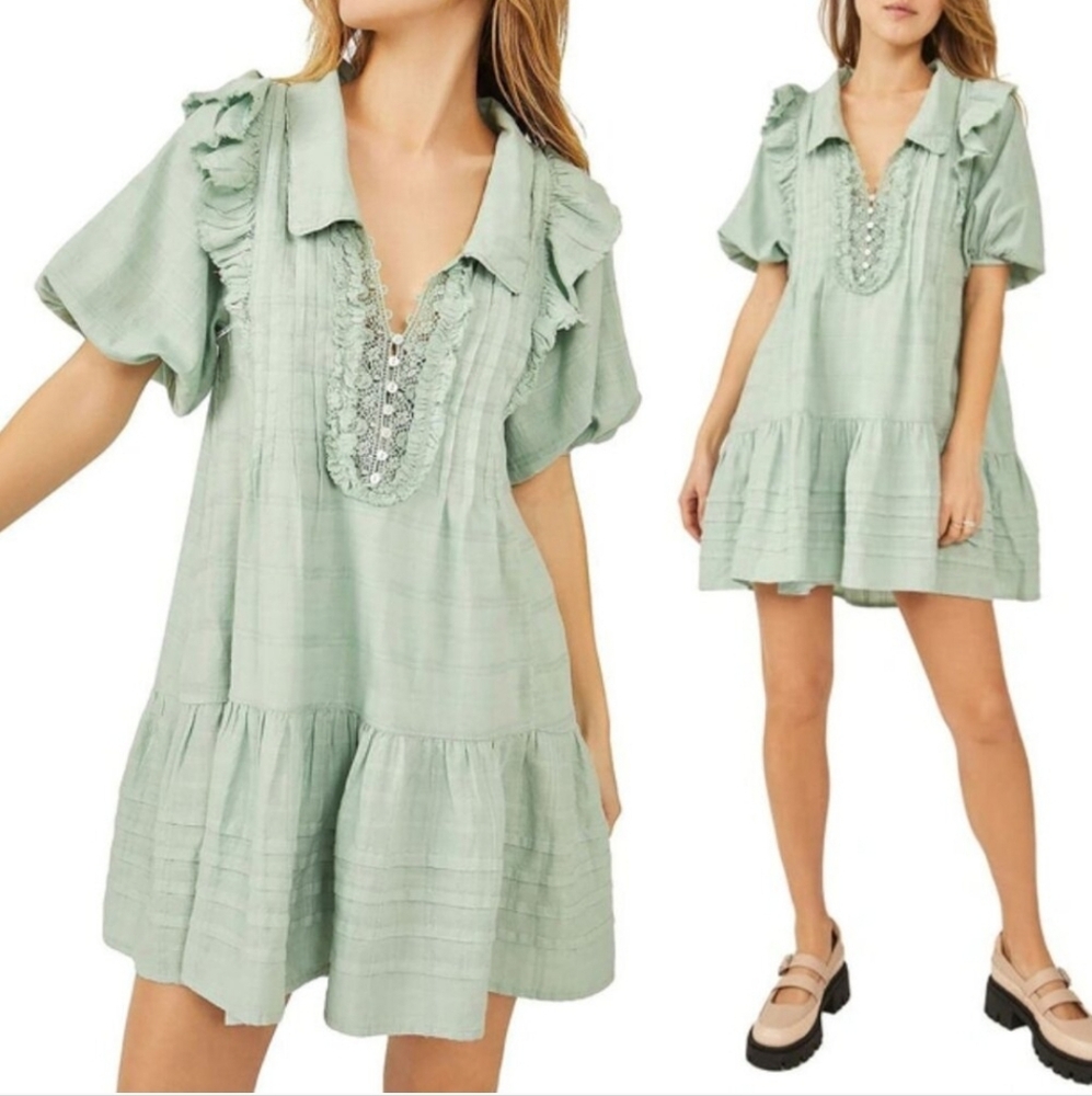 Free People Elora Pleated Ruffle Mini Dress L Windownpane Mermaid Tail Green$148